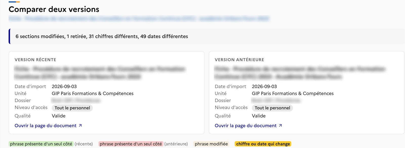 L'écran Comparer deux versions d'Antoine : résumé des écarts, fiches des deux versions et légende des surlignages