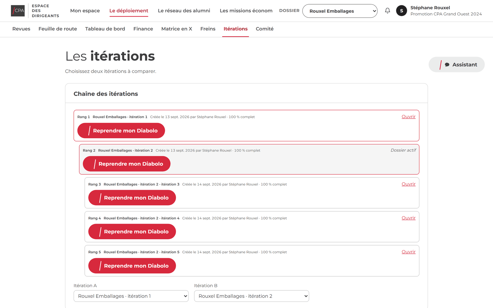 La chaîne des itérations dans CPA Connect : rang, date, auteur et avancement de chaque version, deux versions à comparer